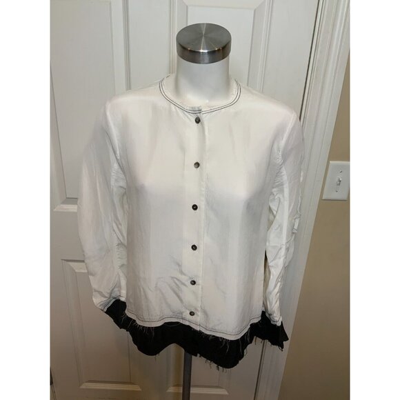 Rejina Pyo White Black Button-Up Collarless Shirt, Size M
